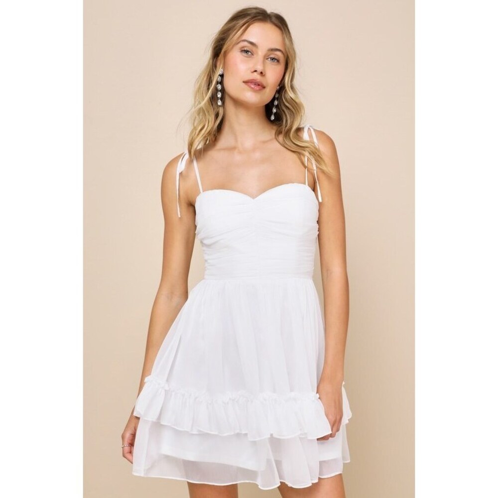 Lulus Angelic Approach White Chiffon Ruffled Tie-strap Mini Dress - Size L